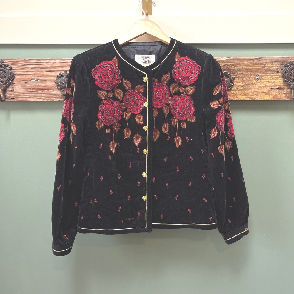 Saxton Hall Vintage Quilted Velvet Jacket Black Red Rose Embroidered‎ Japan 10